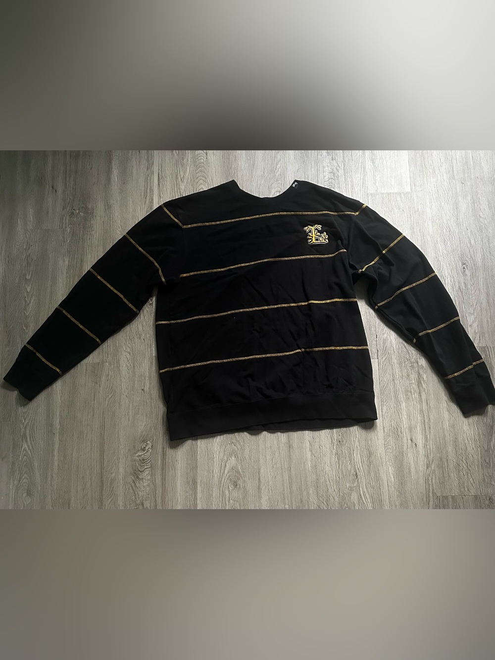 LRG Black Crewneck Sweater with Gold Stripe and Embroidered Crest
